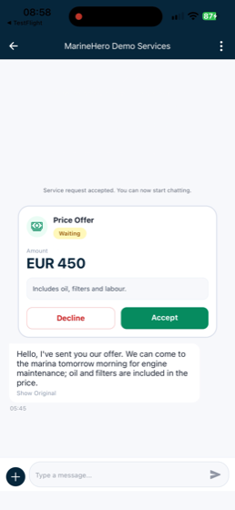 A price offer inside a MarineHero chat